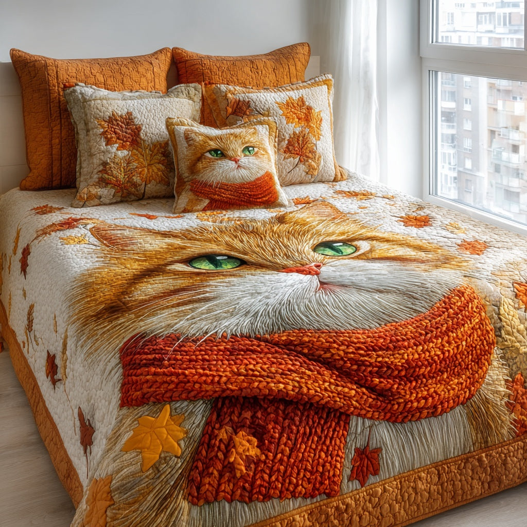 Autumn Cat Cozy 3-Piece Quilted Bedding Set NCU0VL3656