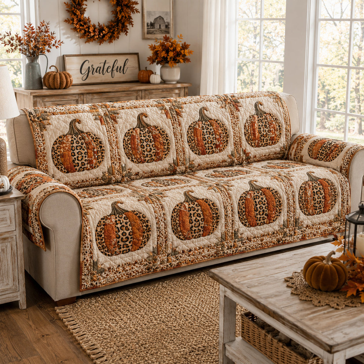 Country Pumpkin Harvest Quilted Sofa Cover NCU0DV9955