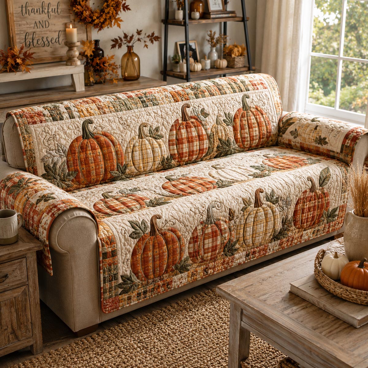 Farmhouse Pumpkin Patch Quilted Sofa Cover NCU0DV9954