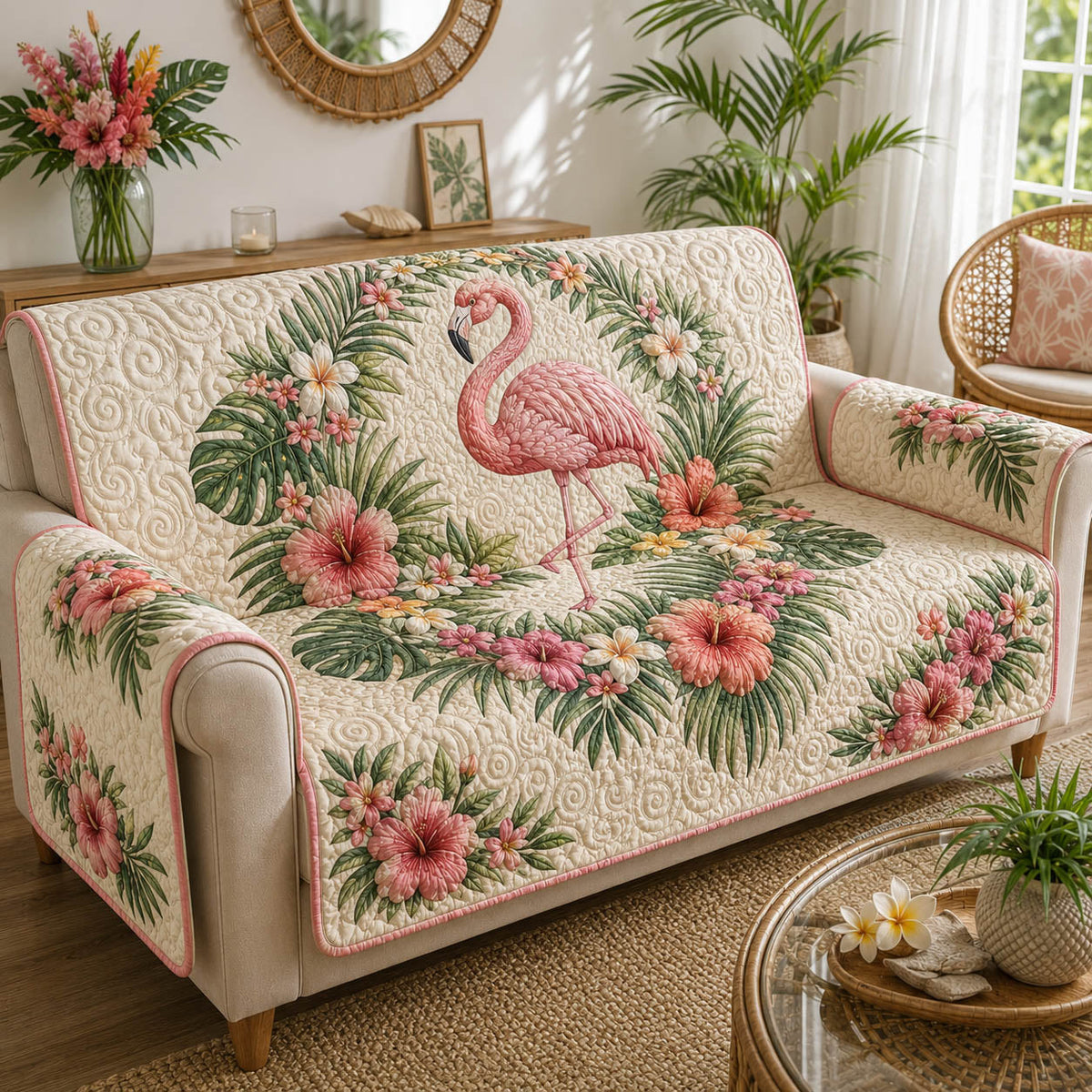 Flamingo Bliss Quilted Sofa Cover NCU0TD2983