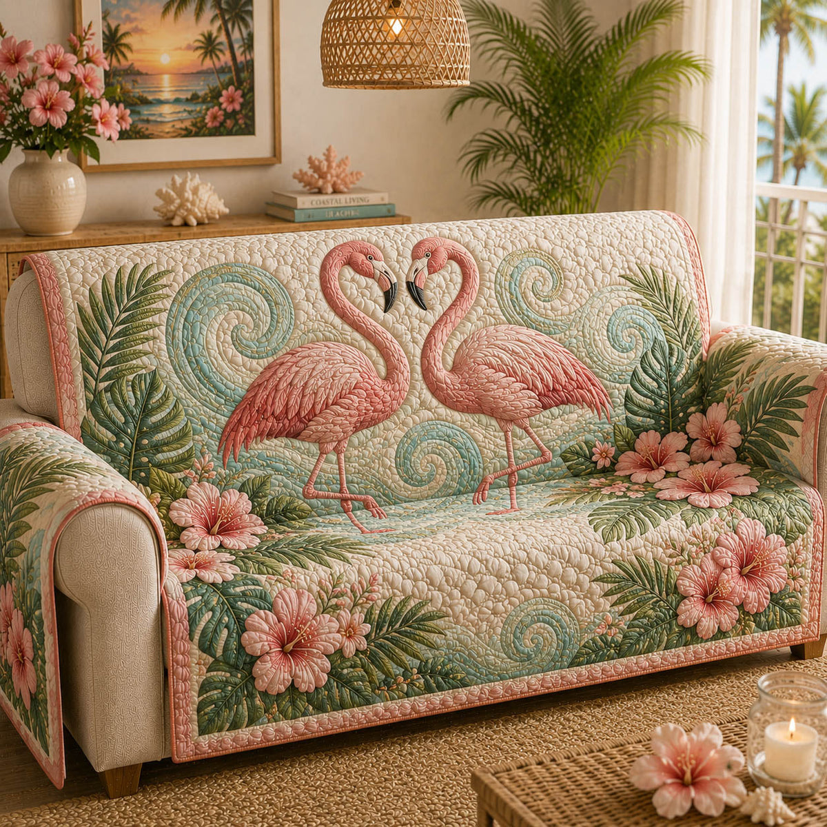 Flamingo Oasis Quilted Sofa Cover NCU0TD2982