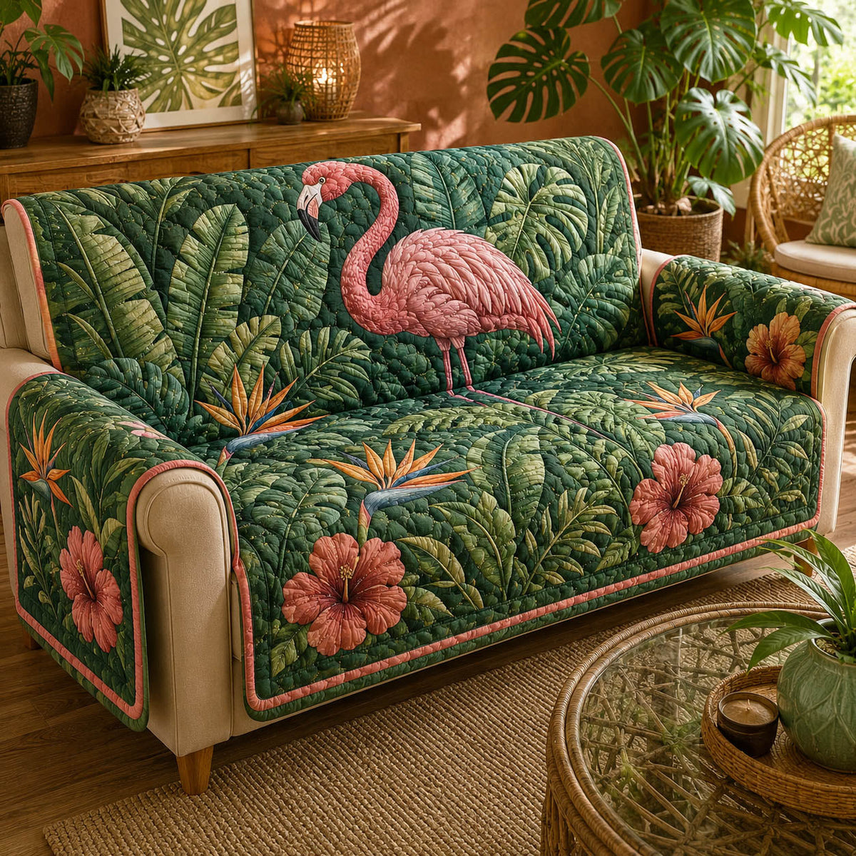 Flamingo Retreat Quilted Sofa Cover NCU0TD2980
