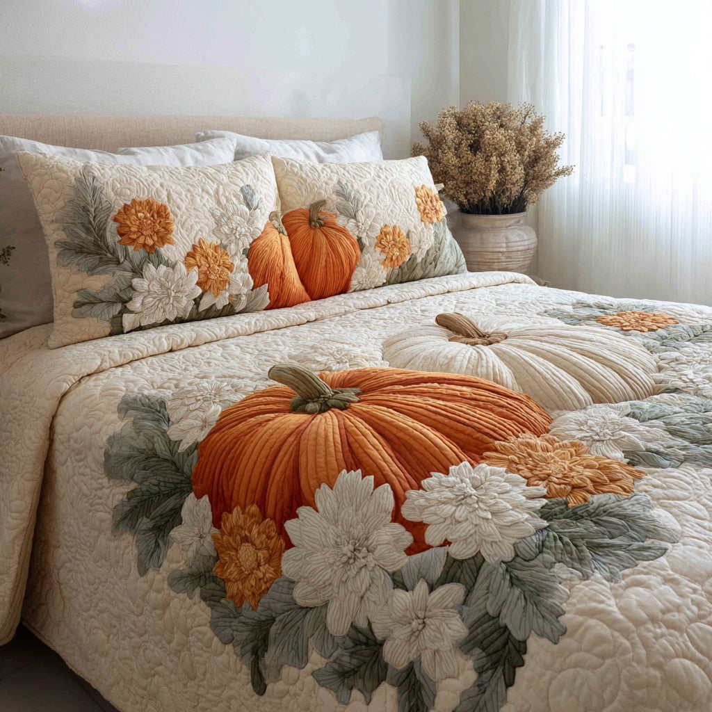 Floral Pumpkin Fields 3-Piece Quilted Bedding Set NCU0VL3648