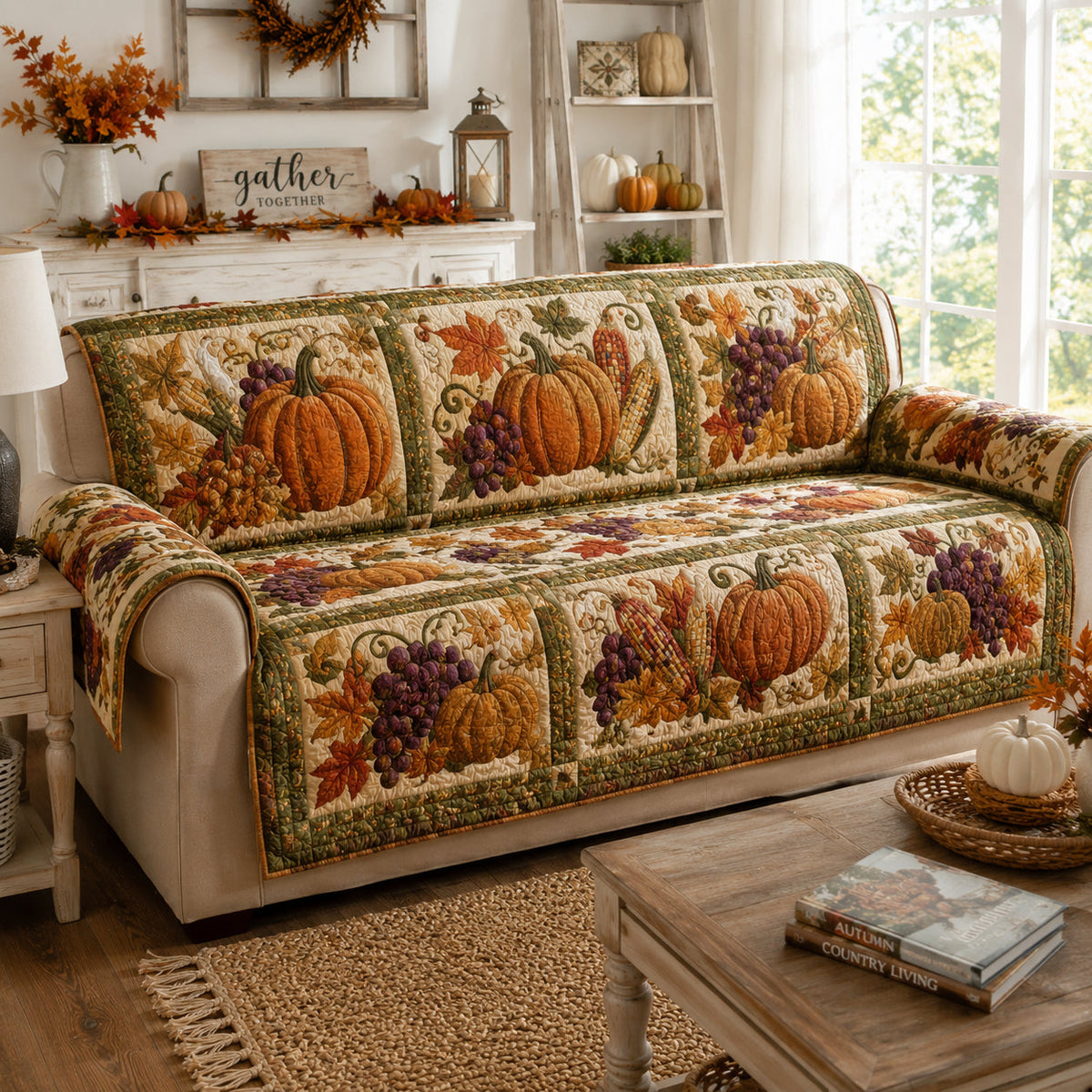 Harvest Garden Pumpkins Quilted Sofa Cover NCU0DV9950