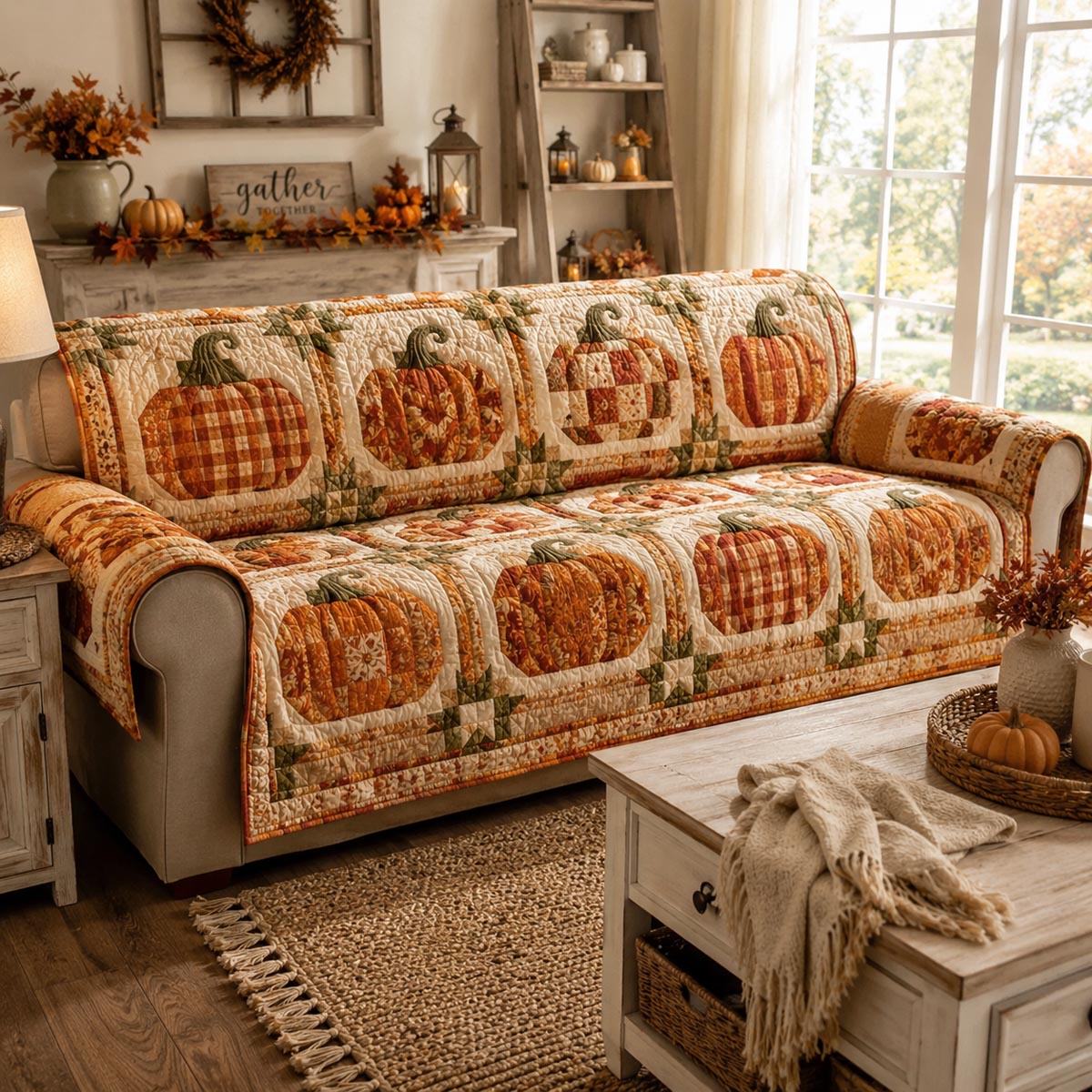 Harvest Pumpkin Patch Quilted Sofa Cover NCU0DV9949