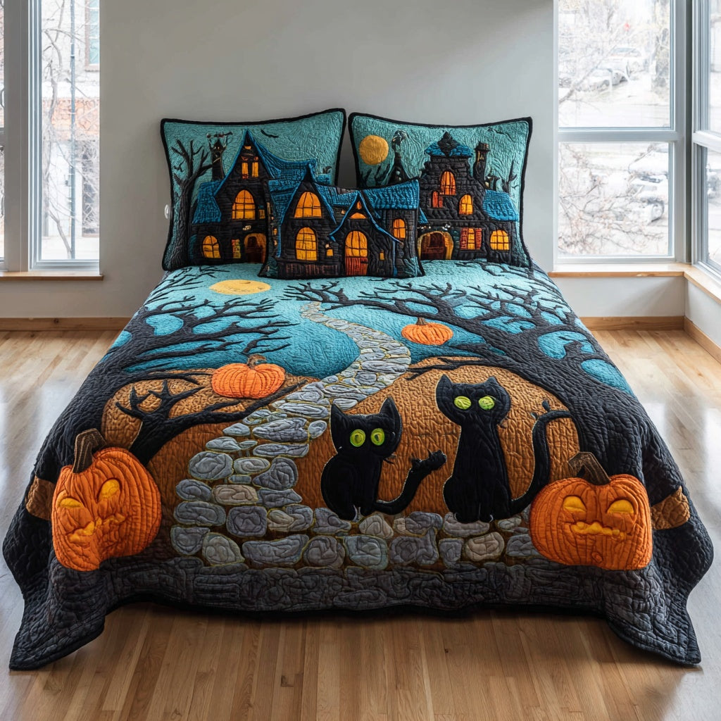 Midnight Cat Glow 3-Piece Quilted Bedding Set NCU0VL3691