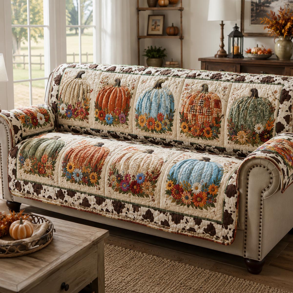 Patchwork Harvest Pumpkins Quilted Sofa Cover NCU0DV9959