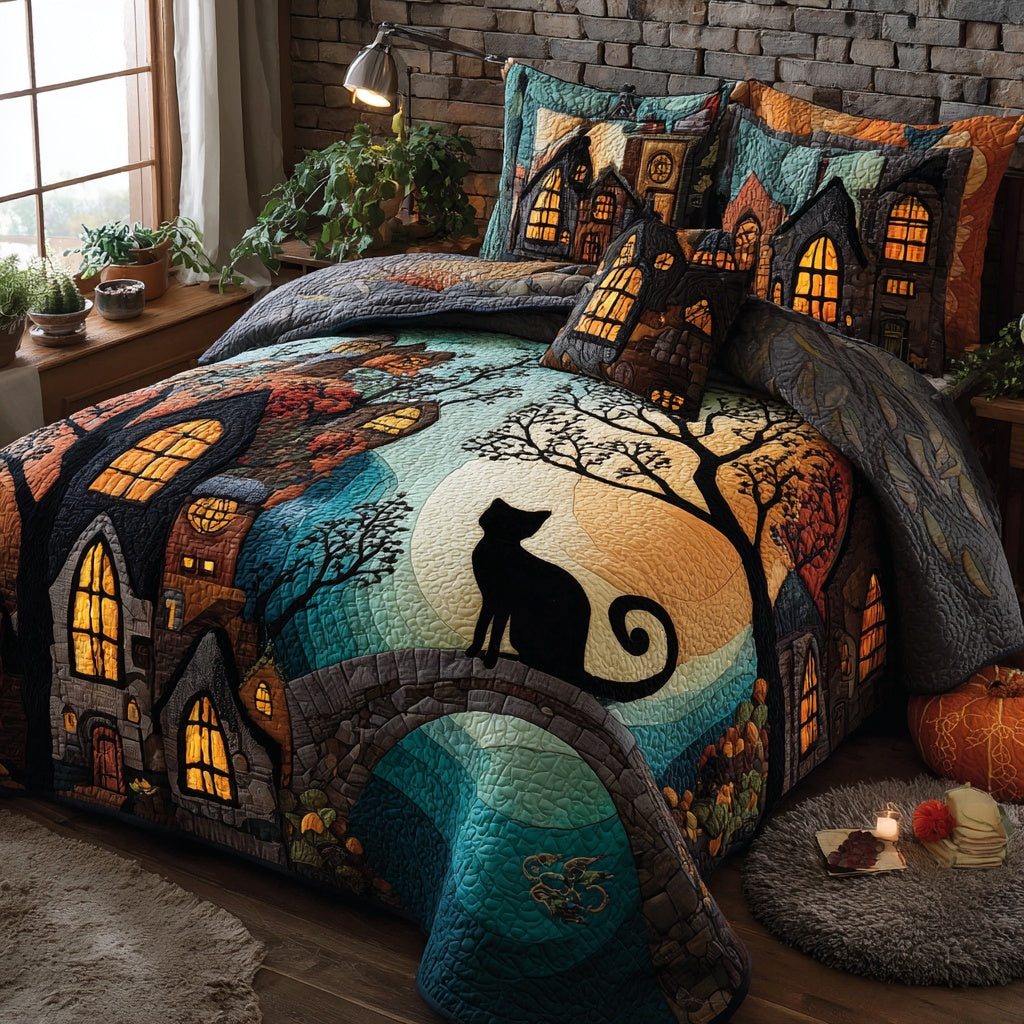 Skull Cat Night 3-Piece Quilted Bedding Set NCU0VL3692