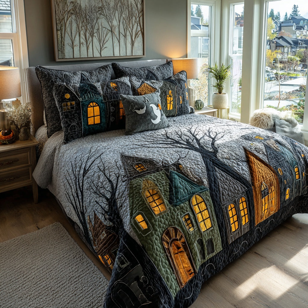 Whispering Pumpkin Houses 3-Piece Quilted Bedding Set NCU0VL3681
